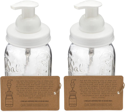 Jarmazing Products Mason Jar Foaming Soap Dispenser White with 16 Ounce Ball Mason Jar - Two Pack!