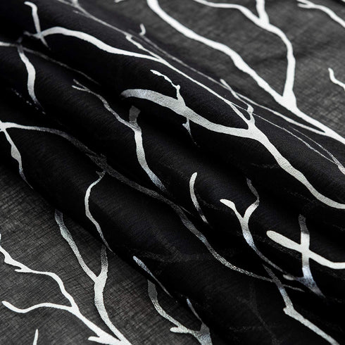 FINECITY Silver and Black Curtains for Living Room - Printed Silver Foil Artistic Tree Branch Sheer Curtains Black 96 Inch Length Privacy Window Curtain Set of 2 Panels, 52 x 96 Inch, Silver Black