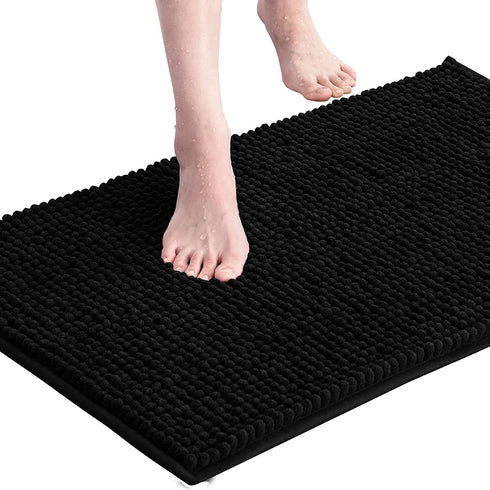 subrtex Bathroom Rugs Chenille Bath Rug Soft Short Plush Bath Mat Soft Shower Mat Water Absorbent Shower Mat Quick Dry Machine Washable(Black,16" x 24")