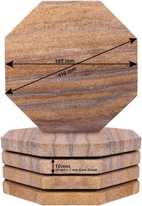 Marbco Sandstone Water Absorbent Hand Crafted Octagon Coasters for Drinks- Set of 4 - 4 inches Wide Thirsty Stone bar/Drink Coasters Made from Real Solid Stone (Without Holder, Set of 4)