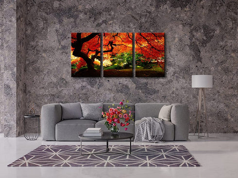 Pyradecor 3 Piece Giclee Canvas Prints Wall Art Paintings Ready to Hang for Living Room Home Decor - Red Maple Trees Large Modern Stretched and Framed Contemporary Landscape Pictures on Canvas Artwork