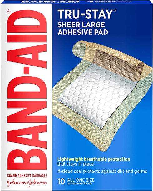 Band-Aid Brand Tru-Stay Adhesive Pads, Large Sterile Adhesive Bandages for First Aid Wound Care and Protection of Minor Cuts, Scrapes & Burns, Lightweight, Breathable, Large Size, 10 ct