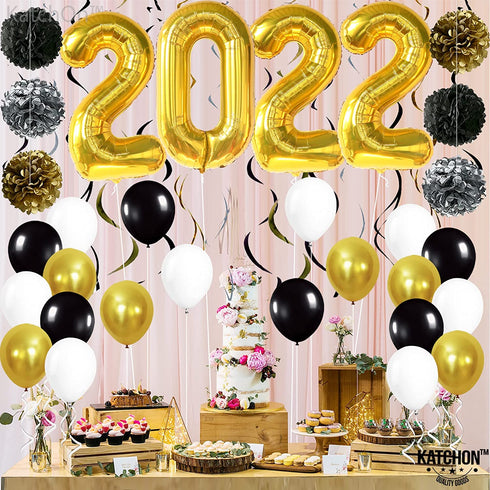 Gold 2022 Balloons Numbers Set - 40 Inch, Hanging Swirls and Pompoms | Graduation Party Decorations 2022 | Black and Gold Graduation Decorations 2022 | Graduation Balloons, Class of 2022 Decorations