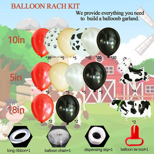 130 pcs Cow Party Balloon Garland, Farm Party Balloon Set of Cow Print Balloons,White Black Red Balloons, Animal Walking Balloons for Baby Shower Kid's Birthday Party