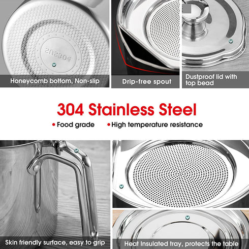 Chihee Oil Strainer Pot Grease Can 2 L Stainless Steel Oil Storage Can Container with Fine Mesh Strainer Dust-proof lid Non-slip Plate Suitable for Storing Frying Oil and Cooking Grease