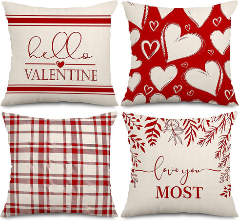Whaline Happy Valentine's Day Pillow Covers Heart Buffalo Plaid Throw Cushion Cover Red White Love You Most Pillow Case for Farmhouse Home Office Sofa Bed Party Decoration, 18 x 18inch, Set of 4