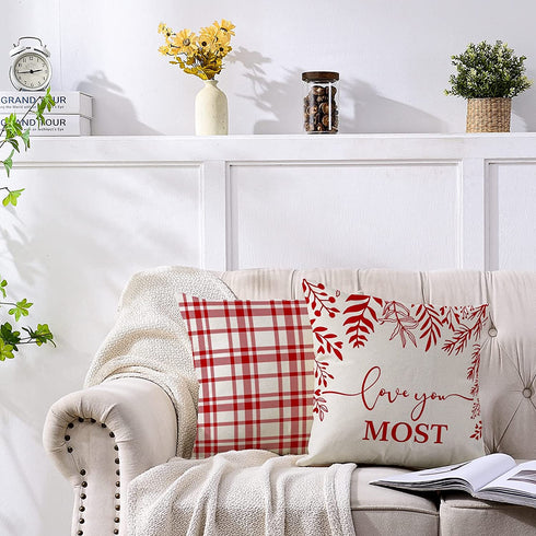 Whaline Happy Valentine's Day Pillow Covers Heart Buffalo Plaid Throw Cushion Cover Red White Love You Most Pillow Case for Farmhouse Home Office Sofa Bed Party Decoration, 18 x 18inch, Set of 4