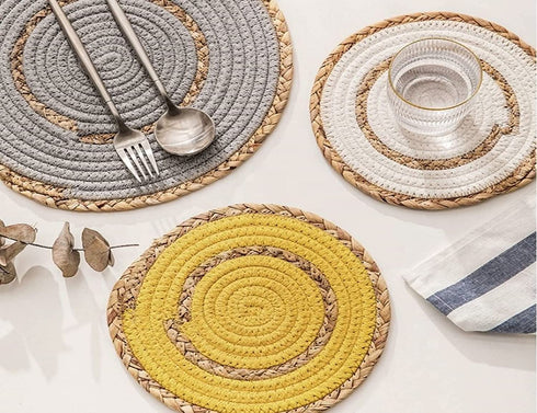 LEVIMETREE Rattan Placemats Set of 4, Natural Cotton and Rattan Woven Coasters, 11.8-inch Round Placemats for Dining Table, Kitchen, Heat Resistant Thick Rattan Chargers, Fall Place Mat Grey Placemats