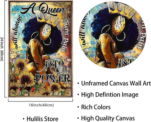 African American Wall Art Black Queen Poster African Women Portrait Poster Sunflower Black Queen Women Print Paintings Abstract Black Women Posters for Bedroom Decor 16x24 Inch Unframed