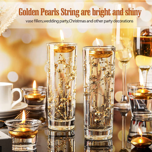 Artificial Pearl String for Floating Candles,12 Unscented Floating Candles for Centerpiece,33 Feet Faux Pearl Filler Vase Filling for Wedding Dinning Table Holiday Party Pool Christmas Decor (Gold)