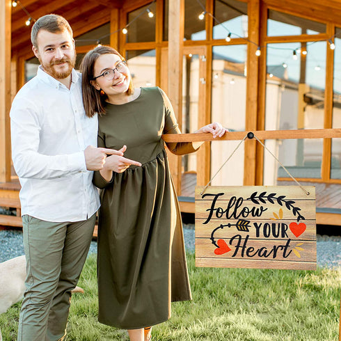 Jetec 2 Pieces Wood Hanging Sign Follow Your Heart Love Each Moment Wall Hanging Wooden Decoration Sign Love Plaque for Valentine's Day Wedding Living Room Dining Room Bedroom, 10 x 7 inch