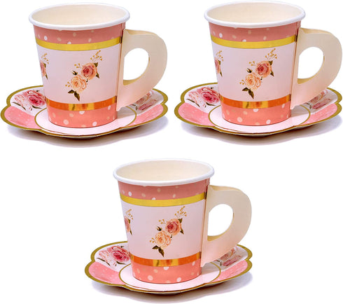 36 Disposable Tea Party Cups 5 oz 3" 36 Saucers 5" Paper Floral Shaped Plate Teacup Set with Handle for Kids Girls Mom Coffee Mugs Wedding Birthday Baby Bridal Shower Gold Foil & Pink Table Supplies