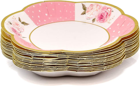 36 Disposable Tea Party Cups 5 oz 3" 36 Saucers 5" Paper Floral Shaped Plate Teacup Set with Handle for Kids Girls Mom Coffee Mugs Wedding Birthday Baby Bridal Shower Gold Foil & Pink Table Supplies
