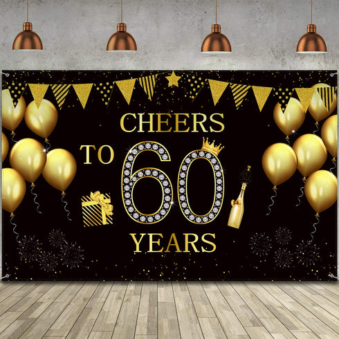 Happy 60th Birthday Party Backdrop Banner, Extra Large Fabric Black Gold Cheers to 60 Years Backdrop Anniversary Decoration Background Banner for Men Women 60th Birthday Party Supply, 72.8 x 43.3 Inch