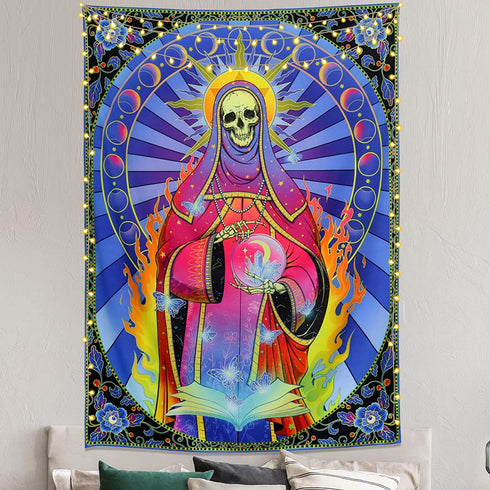 Skull Tapestry Santa Muerte Art Tapestry MoonPhase Tapestry Flower Skeleton Tapestries for Room W59.1"X H78.7"