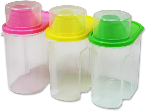 Basicwise Small BPA -Free Plastic Food Saver, Kitchen Food Cereal Storage Containers with Graduated Cap, Set of 3, Green, Pink, and Yellow (QI003216.3S)