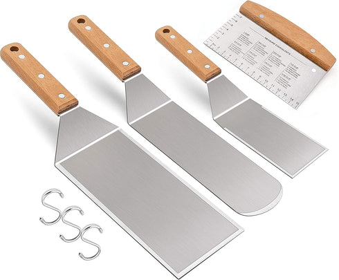 Leonyo Metal Spatula Set of 4, Stainless Steel Griddle Accessories - Grill Spatula Scraper for Flat Top Cast Iron Teppanyaki Grill BBQ, Pancake Flipper Hamburger Turner Utensil, Gift for Men Women