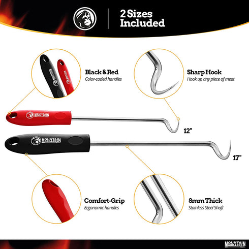 Pigtail Food Flipper Set - 17 & 12 Inch Meat Hooks & Turners with Steel Shafts & Color Coded Handles - Use in Place of Tongs, Spatula & Meat Fork for BBQ Ribs, Steak, Chicken, Sausage, Vegetables