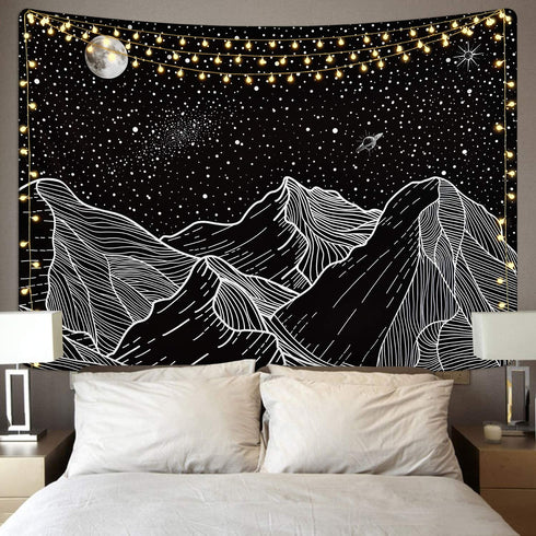 Sevenstars Mountain Tapestry Moon Star Tapestry Starry Night Sky Tapestry Black and White Mountains Tapestry for Room