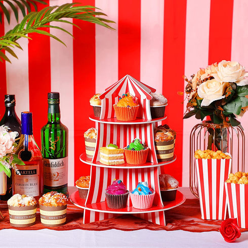 14 Pieces Carnival Red White Striped Table Skirt Carnival Tablecloth Circus Theme Table Cover 3 Tier Cupcake Foam Stand Popcorn Box for Mardi Cras Home Party Decorations Supplies