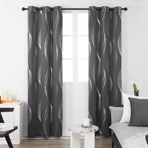 Deconovo Blackout Curtains, Foil Print Wave Striped Room Darkening Curtains, Thermal Insulated Bedroom Curtains, Set of 2, 42 by 90 Inch, Dark Grey