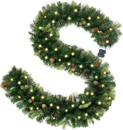 OasisCraft 9FT Pre-lit Christmas Garland, Battery Operated with 50 LED Lights, Xmas Garland with Pine Cones and Timer, Christmas Holiday for Indoor & Outdoor
