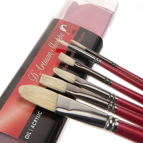 Oil Acrylic Paint Brushes Set. 100% Natural Chungking Hog Hair Bristle in Portable Organizer Plastic Container. 6pc Filbert Flat and Round Paintbrush Gift Kit.