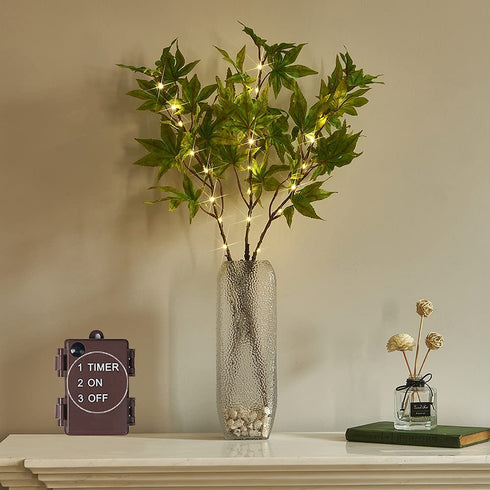 LITBLOOM Lighted Branches with Timer Battery Operated 25IN 24 LED, Green Maple Tree Branches Lights for Indoor Outdoor Home Fall Thanksgiving Halloween Christmas Holiday Decoration