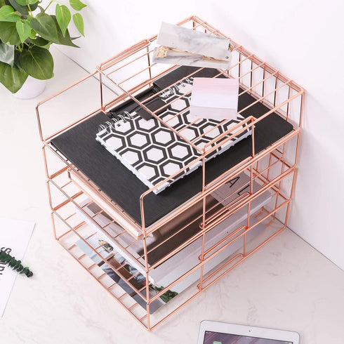 Hosaken Paper Tray, 4 Tier Stackable File Tray, Decorative Desk File Organizer Rack for Office Supplies and Accessories, 0.16Inch Thick Frame Rose Gold