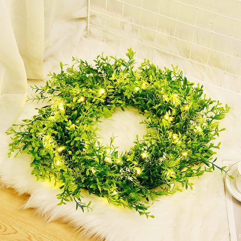 Kurala 20 Inches Artificial Green Leaf Wreath with 40 Led Lights and Timer Battery Operated Front Door Wall Window Party Decoration