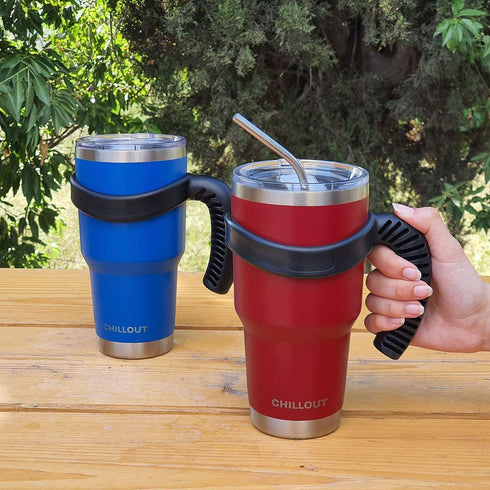 Stainless Steel Travel Mug with Handle 30 oz - 6 Piece Set. Tumbler with Handle, Straw, Cleaning Brush & 2 Lids. Double Wall Insulated Large Coffee Mug Bundle - Royal Blue Powder Coat Tumbler