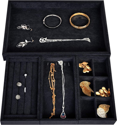 VIEFIN Jewelry Organizer Jewelry Box For Women Girls, Earring Organizer Ring Bracelet Holder Travel Jewelry Case, Velvet Stackable Necklace Jewelry Gift Boxes Dishes Display Trays Closet Storage For Teen Girls Kids Men - 3 in 1, Black