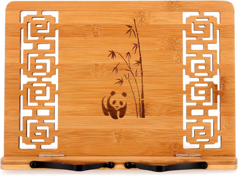 MEGREZ Bamboo Foldable Book Stand (13.2 x 9.4 inch) Reading Frame Rest holder Cookbook Stand/Tablet PC textbook/Music Document Stand/Desk Bookrest with Retro Hollow, Panda Pattern