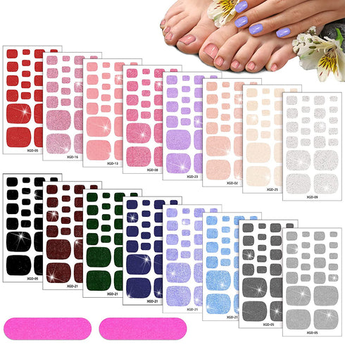 352 Pieces 16 Sheets Gradient Marble Full Toe Wraps Stickers Adhesive Toe Nail Wraps DIY Glitter Toe Nails Manicure Decals with 2 Pieces Nail Files for Women Girls Nail Art