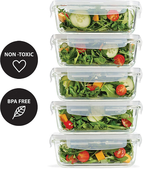 Fit & Fresh Glass Containers, Set of 5 Containers with Locking Lids, Meal Prep, 5 Pack, Glass Storage Containers with Airtight Seal, 28 oz.