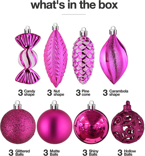 Fuchsia Pink Christmas Ball Ornaments for Christmas Decorations - 24 Pieces Xmas Tree Shatterproof Ornaments with Hanging Loop for Holiday and Party Decoration (Combo of 8 Ball and Shaped Styles)
