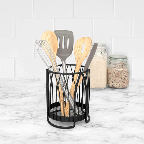 Spectrum Diversified Twist Round Holder & Kitchen Countertop Organizer Cooking Utensil Crock for Kitchen Organization & Storage, Cutlery & Flatware Caddy, Black