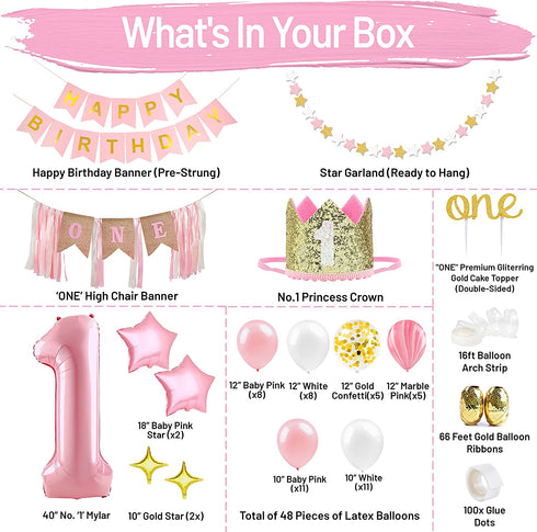 Baby Girl First Birthday Decorations - 1st Birthday Girl Decoration Pink Gold Party Supplies - Happy First Birthday Banner, Number 1 Balloon and Crown, Balloon Arch, High Chair Banner, ONE Cake Topper