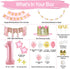 Baby Girl First Birthday Decorations - 1st Birthday Girl Decoration Pink Gold Party Supplies - Happy First Birthday Banner, Number 1 Balloon and Crown, Balloon Arch, High Chair Banner, ONE Cake Topper