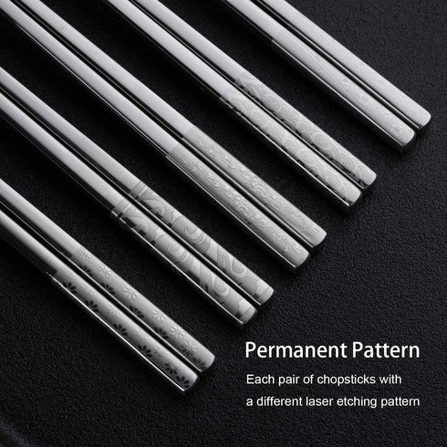 Metal Chopsticks Reusable 18/10 Stainless Steel Chopsticks Multipack Dishwasher Safe Chop Sticks Square Fancy Laser Engraved Non-slip Korean Chopstick for Cooking Eating 9.45 Inches 5 Pairs Gift Set