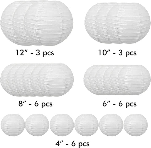 24 Pc Paper Round Lantern for Birthday Bridal Wedding Baby Shower Parties - Great for Indoor or Outdoor (White)