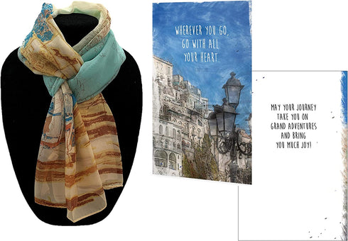 Smiling Wisdom - City Retirement Journey Goodbye Greeting Card - Wherever You Go, Go with All Your Heart Gift Set - Chiffon Viscose Scarf - Woman Coworker Grad - Tan Blue Multi-Colored