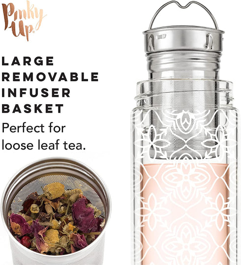 Pinky Up Blair Travel Infuser Mug, Double-Walled Glass, Stainless Steel Strainer, 16 Oz, Marrakesh