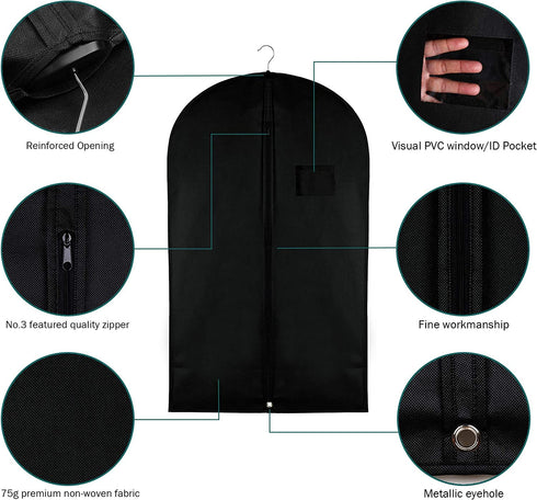 Garment Storage Bags Suit Bag - Travel 39.4 Inch Coat Covers Protector with Clear Window and ID Card Holder for Dress, Jacket, Uniform - Black, Set of 3