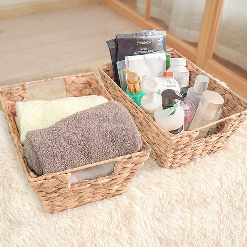 Water Hyacinth Storage Baskets Natural Handwoven Stackable Organizer Wicker Basket Bin With Handles for Cabinets,Cupboards,Shelves, Hold Vegetable,Towels Books Snacks Bottles 2 Pack 12x9x6 Natural/Tan