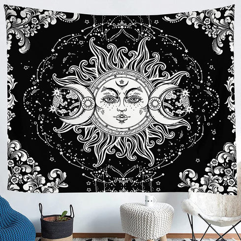 HYPREST Black and White Tapestry for Bedroom, Sun and Moon Tapestry, Burning Sun with Stars Psychedelic Tapestry Indie Wall Tapestry for Living Room Decor With Clips and Hooks (59" x 79"inches)