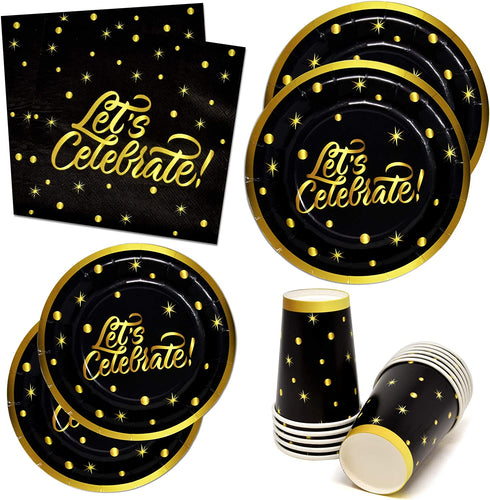 Black & Gold Party Supplies Tableware Set 24 9" Paper Plates 24 7" Plate 24 9 Oz Cups 50 Lunch Napkins for Celebrate Birthday Wedding Retirement Grad New Years Celebration Disposable Dinnerware D©cor
