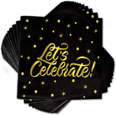 Black & Gold Party Supplies Tableware Set 24 9" Paper Plates 24 7" Plate 24 9 Oz Cups 50 Lunch Napkins for Celebrate Birthday Wedding Retirement Grad New Years Celebration Disposable Dinnerware D©cor