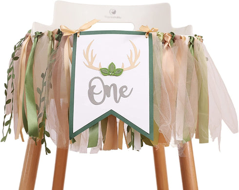Woodland 1st Birthday Decorations - Oh Deer One Banner High Chair, Green Leaf Birthday Crown, highchair decorations for 1st birthday, Woodland Birthday Party Supplies, Enchanted Forest Party Decor