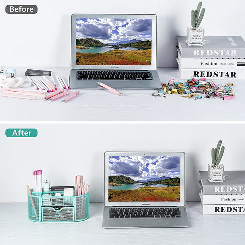 Aqua Pen Holder Organizer, Cute Office Supplies Pen and Marker Organization Essentials Desk Caddy with Drawer for Home & Office Desktop & Decor& Kitchen